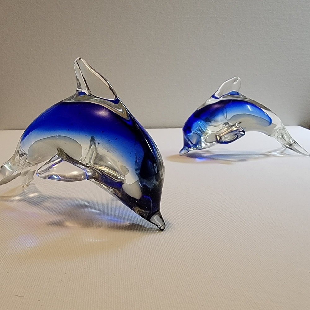 2 Blue Dolphins, Hand Blown Glass Sculpture Ocean Beach